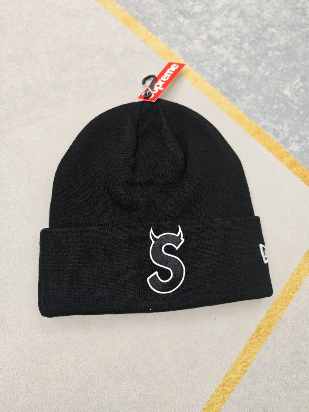 Supreme Black Beanie with White Oversized Logo